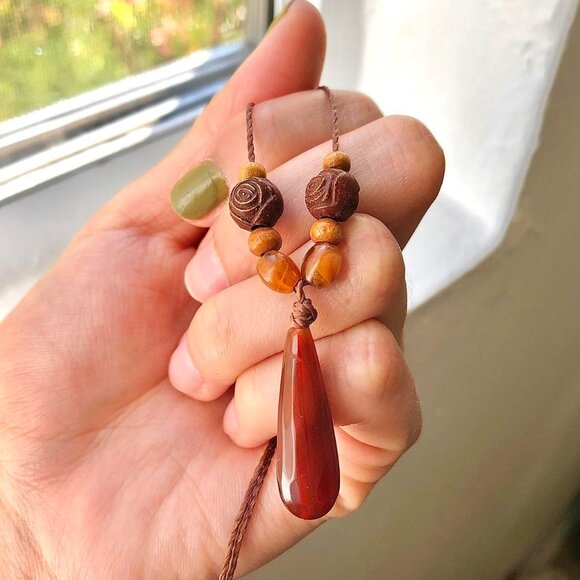 Earthy Carnelian Teardrop Beaded (Brown) Necklace/Choker - Picture 3 of 4